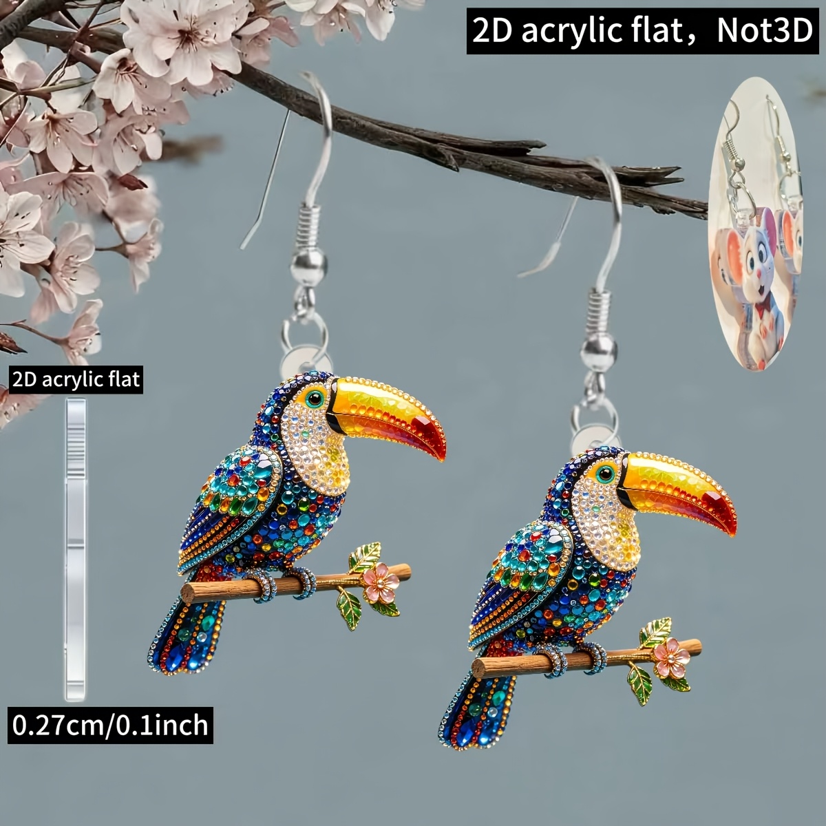 2D Acrylic Toucan Pattern Chain Pendant Earrings, Cute Gift